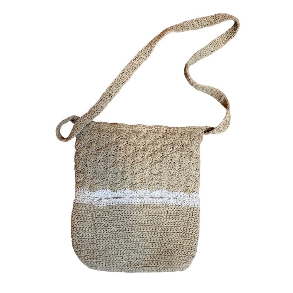 Crochet Beige & White‎ Shoulder Bag Zipper Closures  Bag Etc Lined Boho Retro